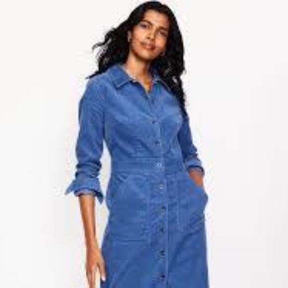 New! Boden Flora Blue Corduroy Button Down Midi Shirt Dress Size 10L - Picture 2 of 7